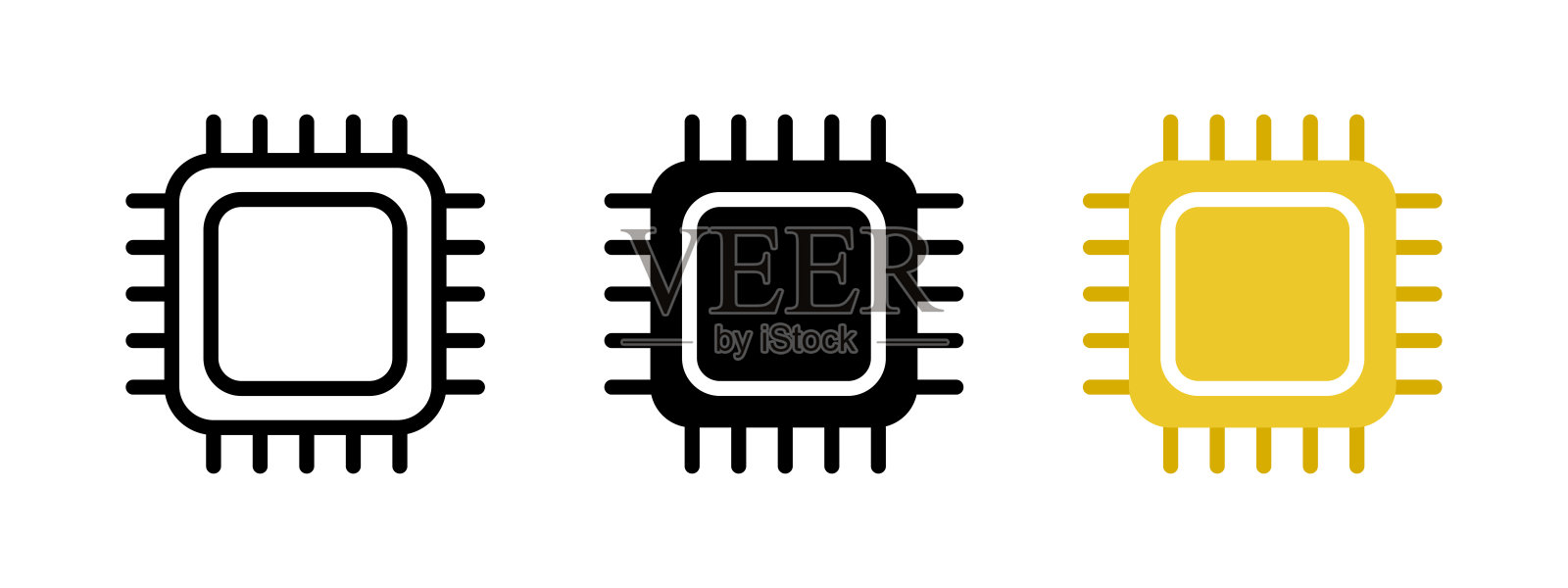 CPU芯片图标。中央处理器符号。芯片组核心矢量图。微芯片的迹象。计算机硬件电子象形图。微处理器方案概念。数字人工智能技术系统标志。插画图片素材