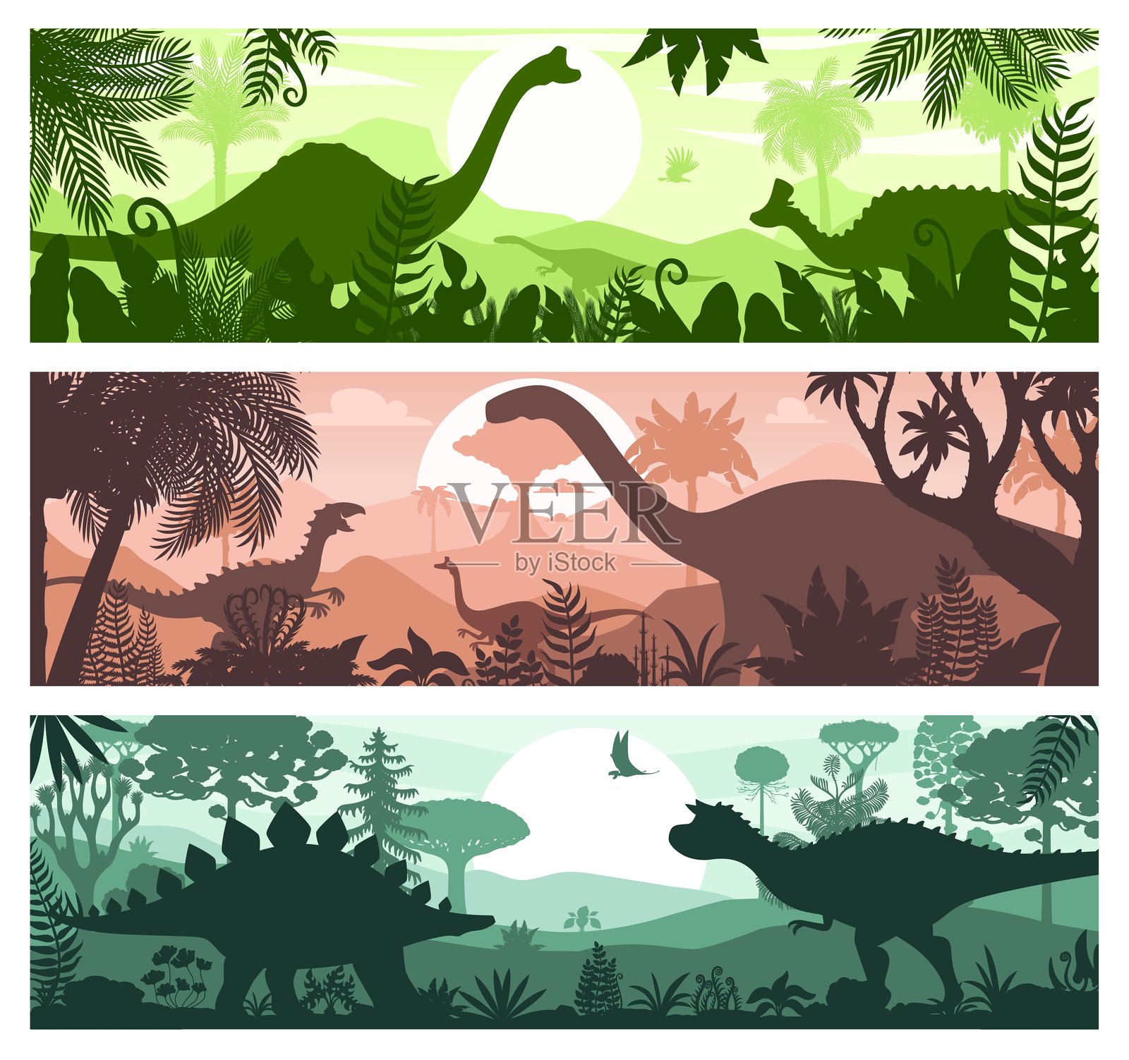 热带森林里史前恐龙的剪影插画图片素材