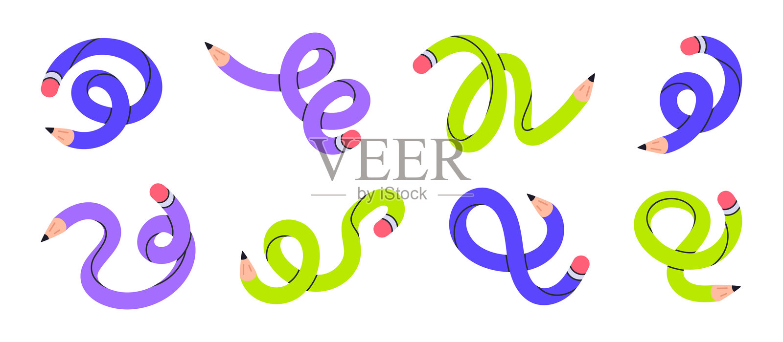 扭曲有趣的铅笔。弯曲交织的简单铅笔，可爱的学校用品孤立的平面矢量插图集。时髦的手绘扭曲铅笔插画图片素材