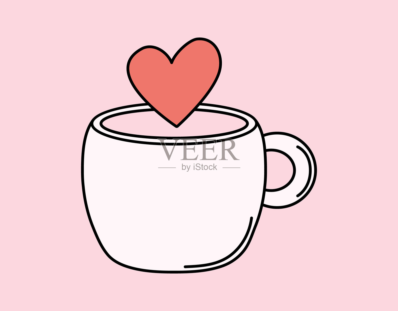 独立杯与心。手绘白色杯子与手柄。爱，浪漫，关怀。厨房用具,喝插画图片素材