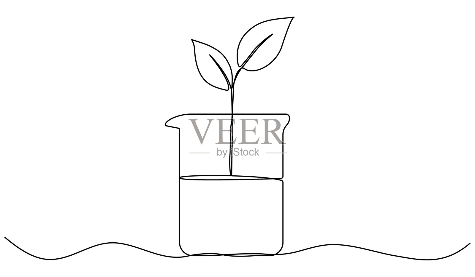 连续线绘制化学玻璃管与叶片。插画图片素材