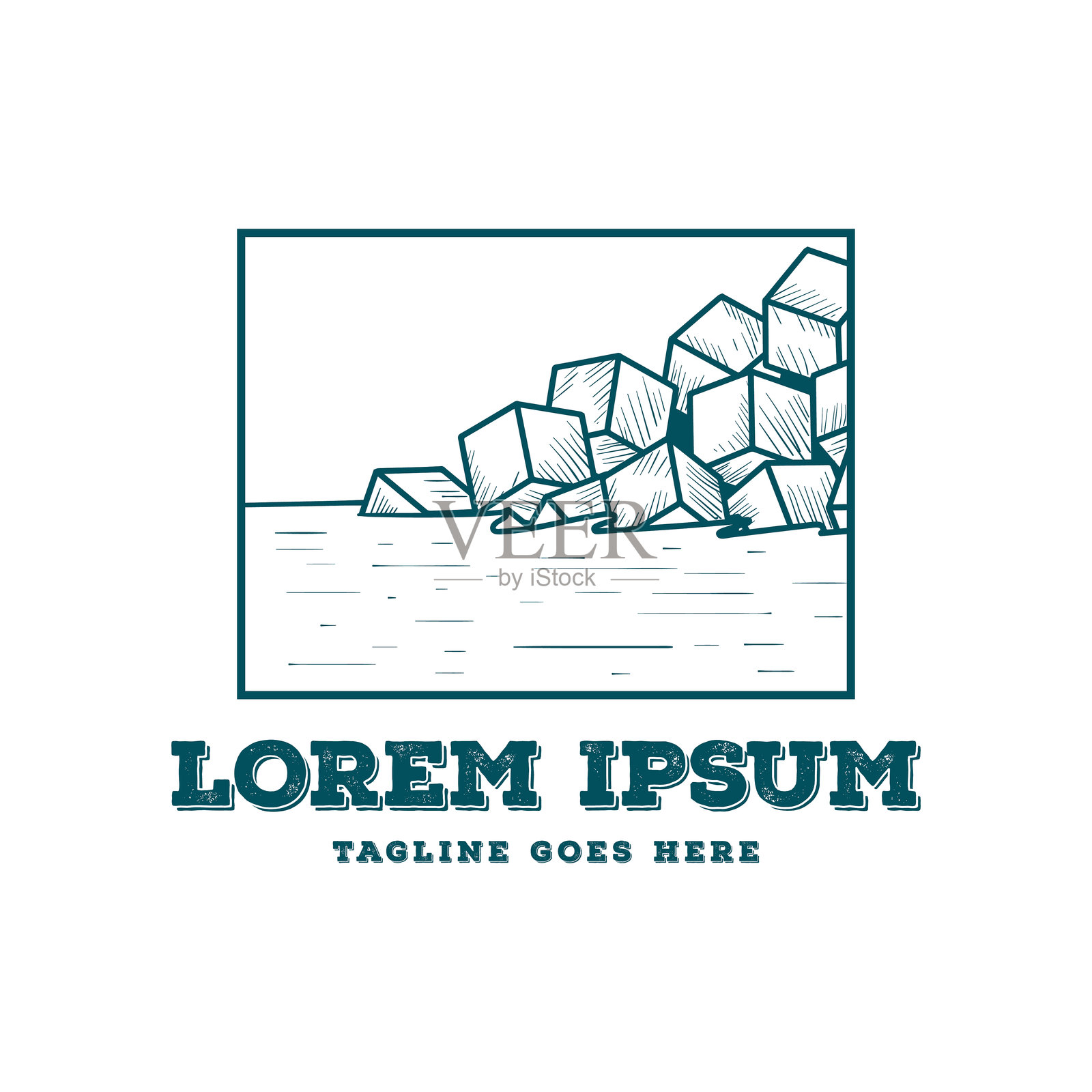 复古复古海滩与立方体盒子混凝土防波堤插图设计插画图片素材