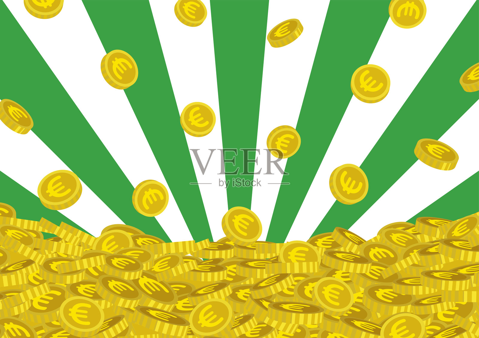 矢量插图的绿色辐射背景和下降堆欧元硬币。插画图片素材