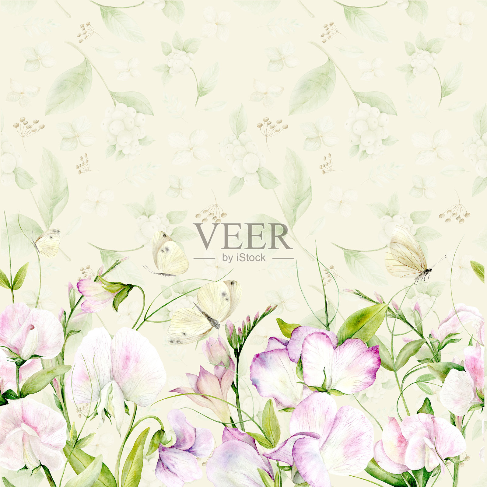 无缝图案的水彩花香豌豆和蝴蝶。插图是用柔和的颜色手绘的。适用于卡片设计，纺织品和剪贴簿。插画图片素材