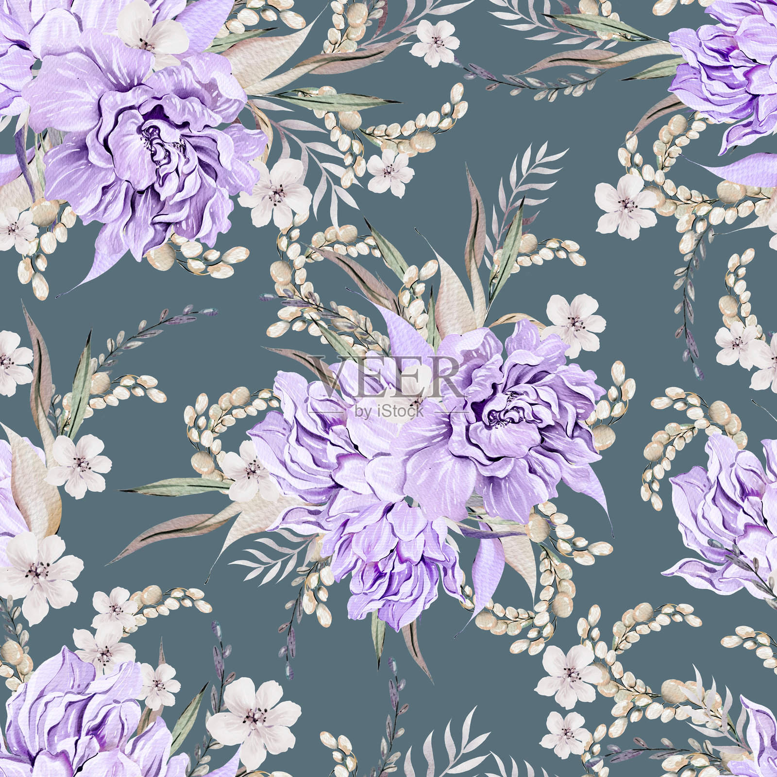 美丽的水彩无缝图案牡丹花，叶子和蝴蝶。插画图片素材