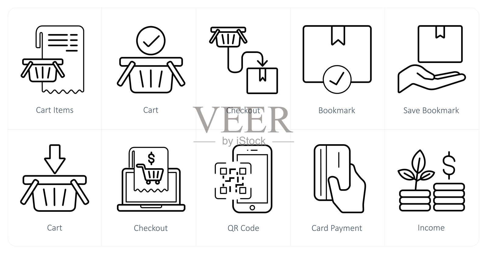 一组10个电子商务图标作为购物车项目，购物车，结帐插画图片素材
