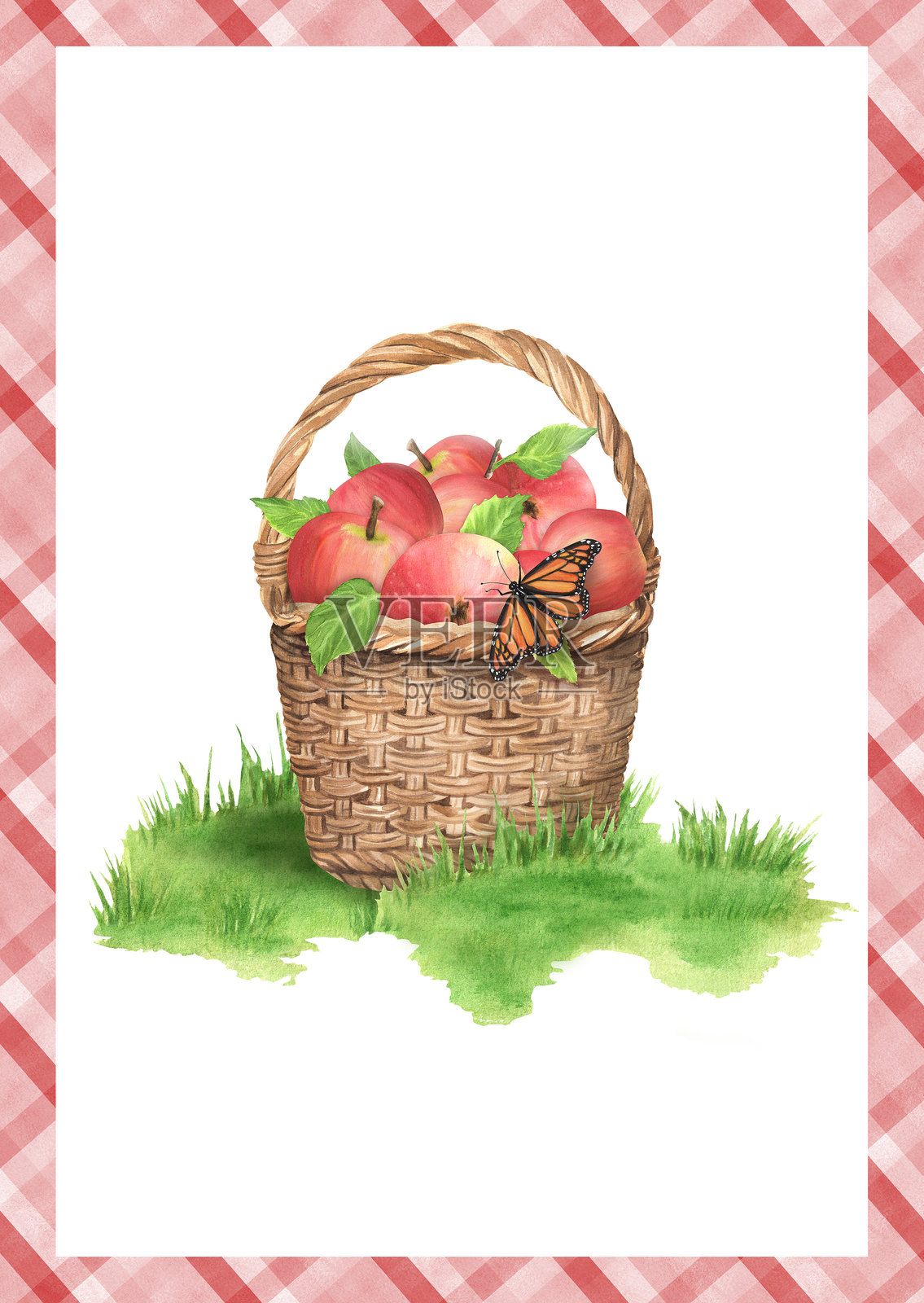 绿草地上一篮子熟透的红苹果。的框架。现成的明信片设计。手绘水彩插画图片素材