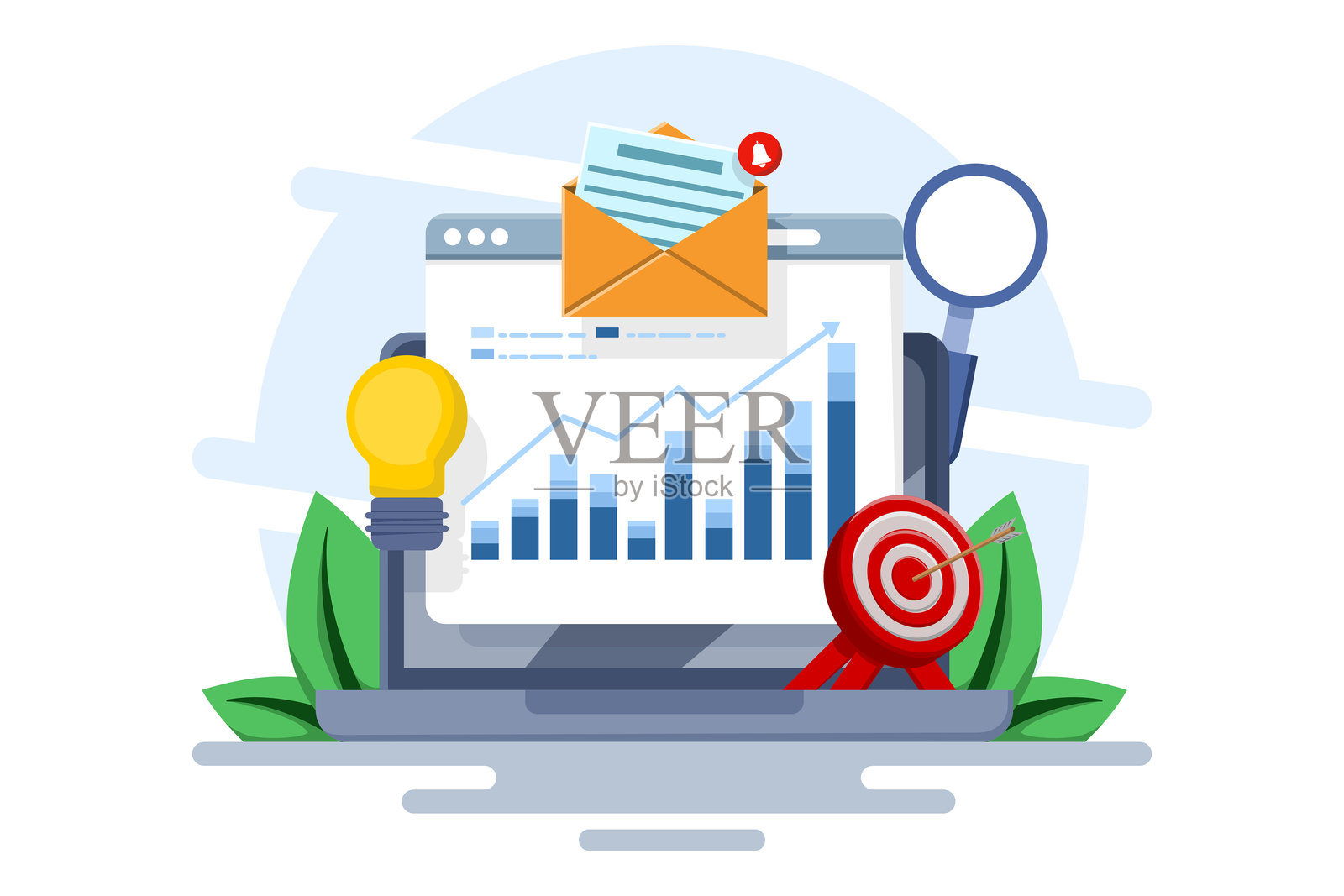 企业绩效数据分析概念、搜索引擎优化、市场调研图表、数据分析、财务报告、企业战略、财务预测。平面矢量插图。插画图片素材