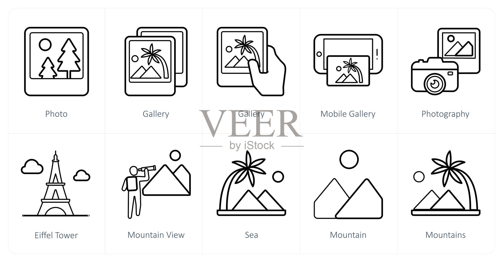 一组10个旅行和度假图标作为照片，画廊，移动画廊，摄影插画图片素材