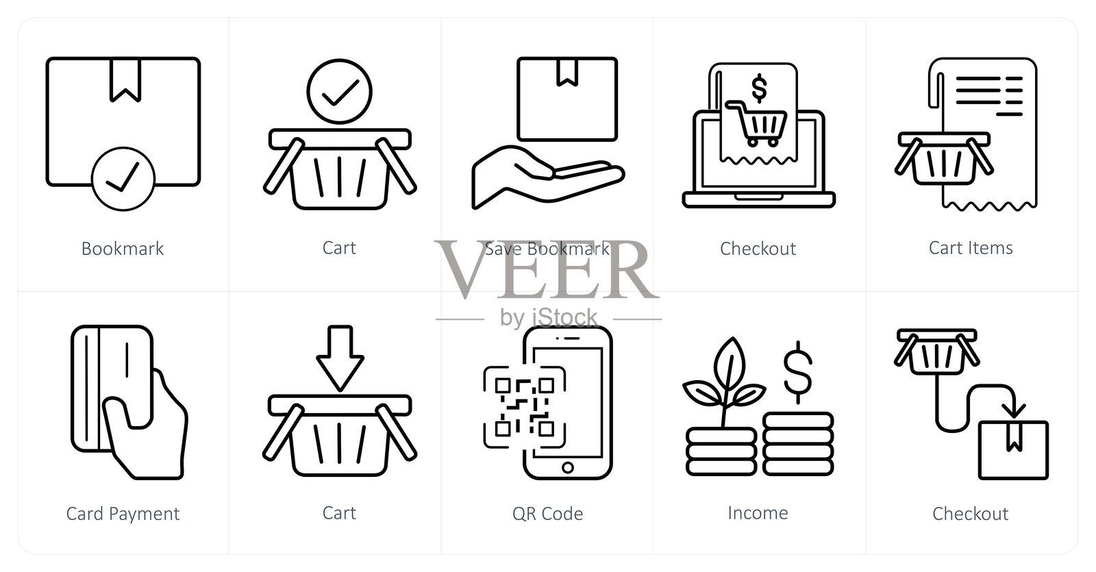 一组10个电子商务图标作为书签，购物车，保存书签插画图片素材