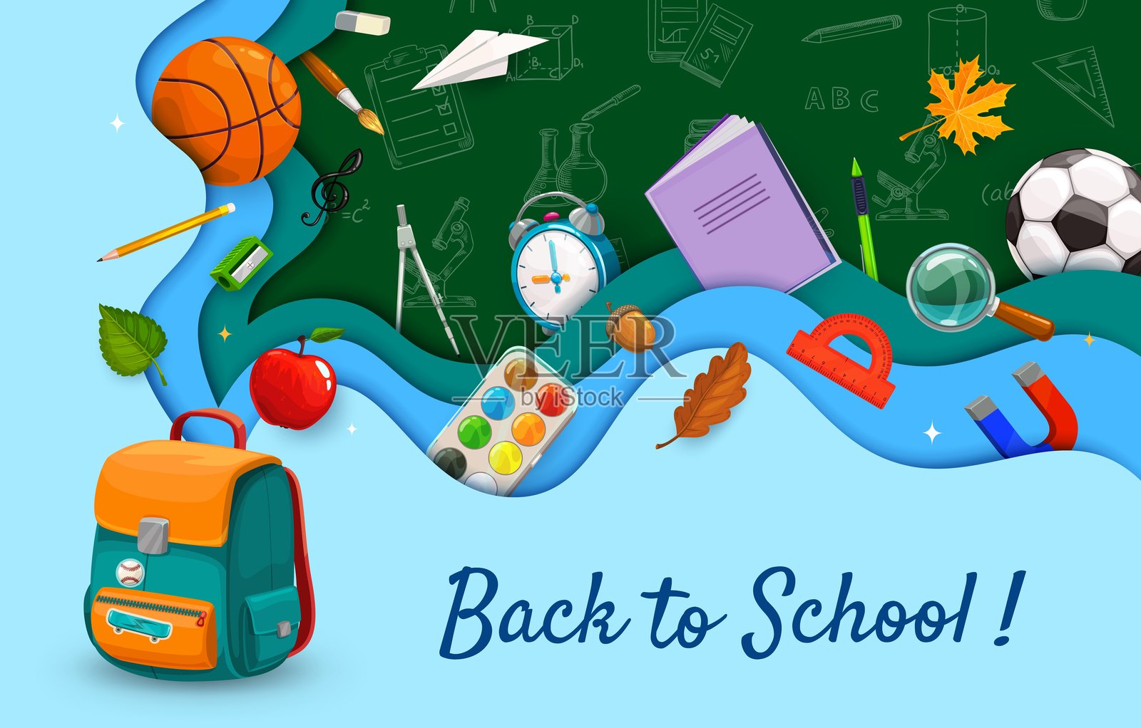 学校剪纸横幅、黑板和文具插画图片素材