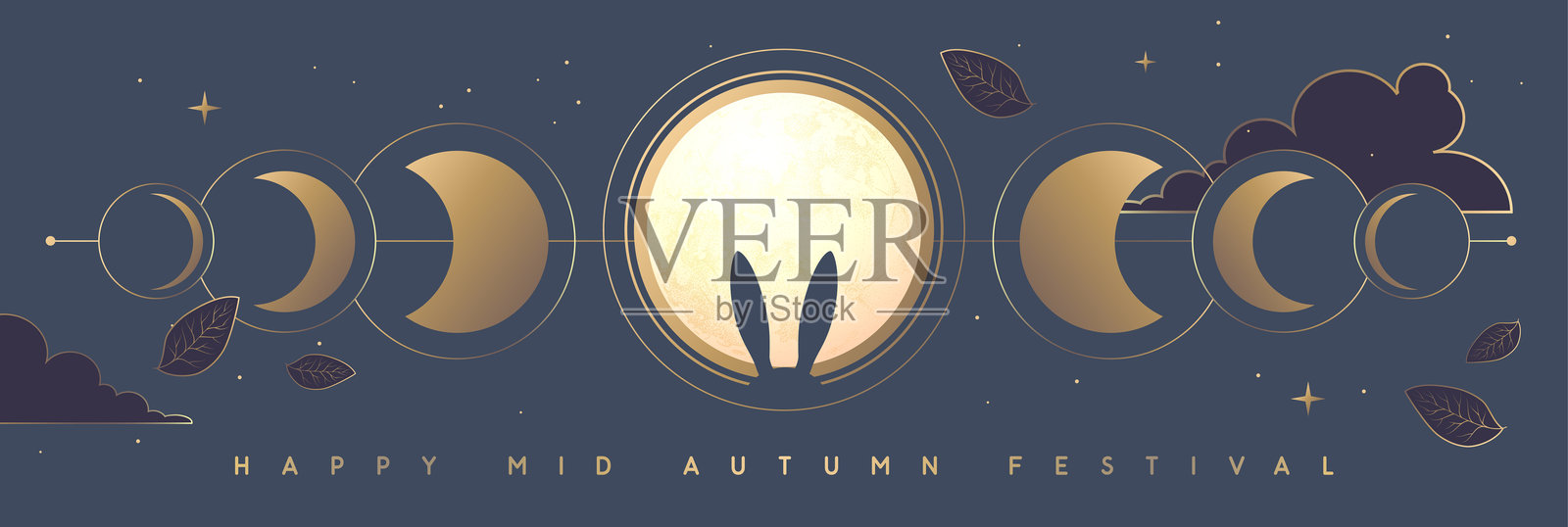 蓝底满月、月相、兔耳中秋横幅。矢量图插画图片素材