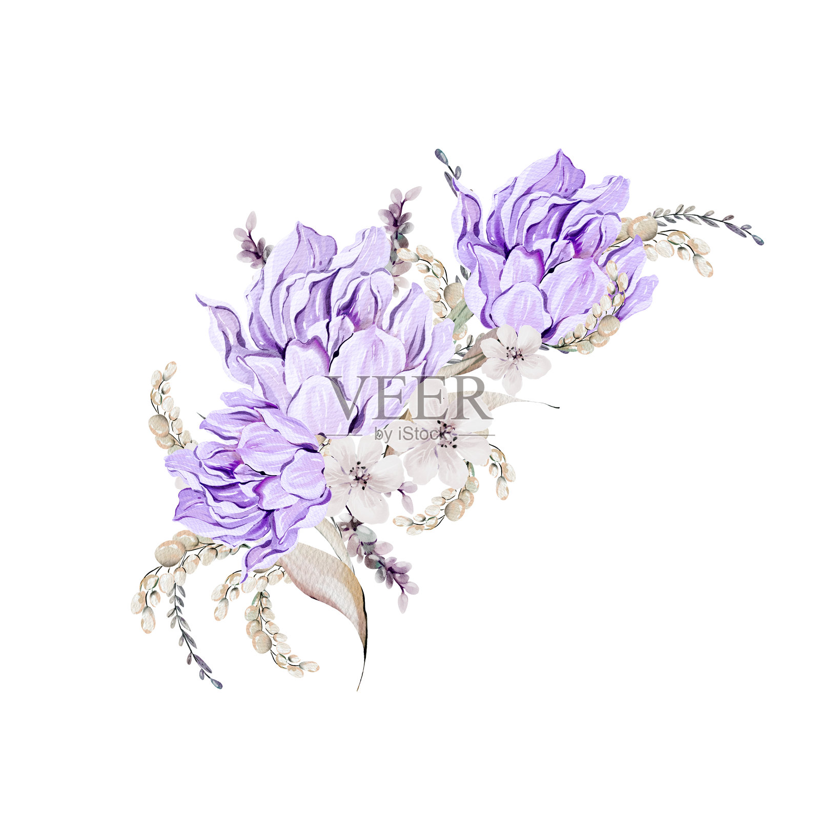 美丽的水彩花束与叶子和牡丹花。插画图片素材