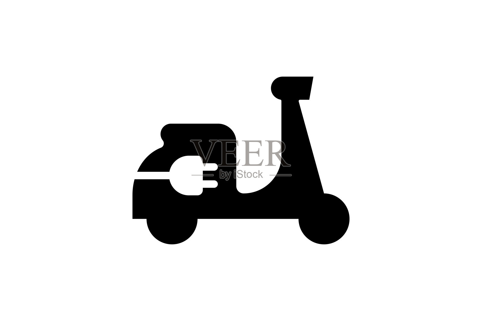 电动摩托车黑色图标。绿色电动助力车和插头充电站标志。环保电动摩托车标志概念。矢量电池供电的电动汽车运输标志插画图片素材