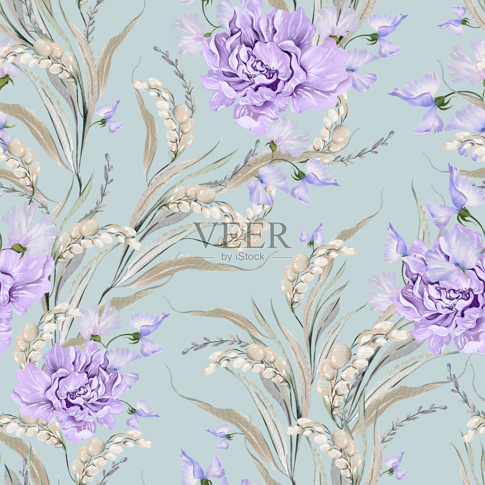 美丽的水彩无缝图案与叶子和紫色的牡丹花。插画图片素材