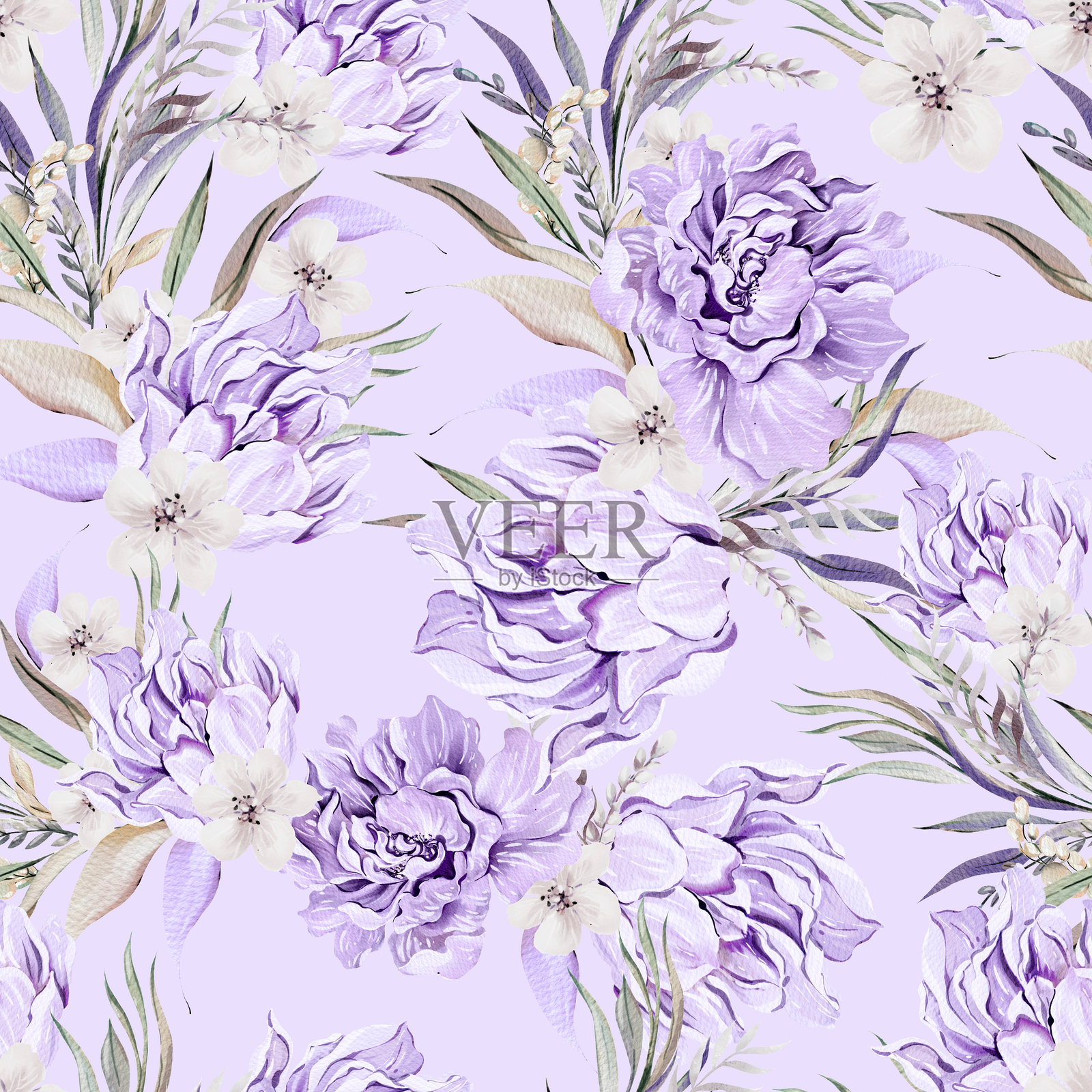 美丽的水彩无缝图案牡丹花，叶子和蝴蝶插画图片素材