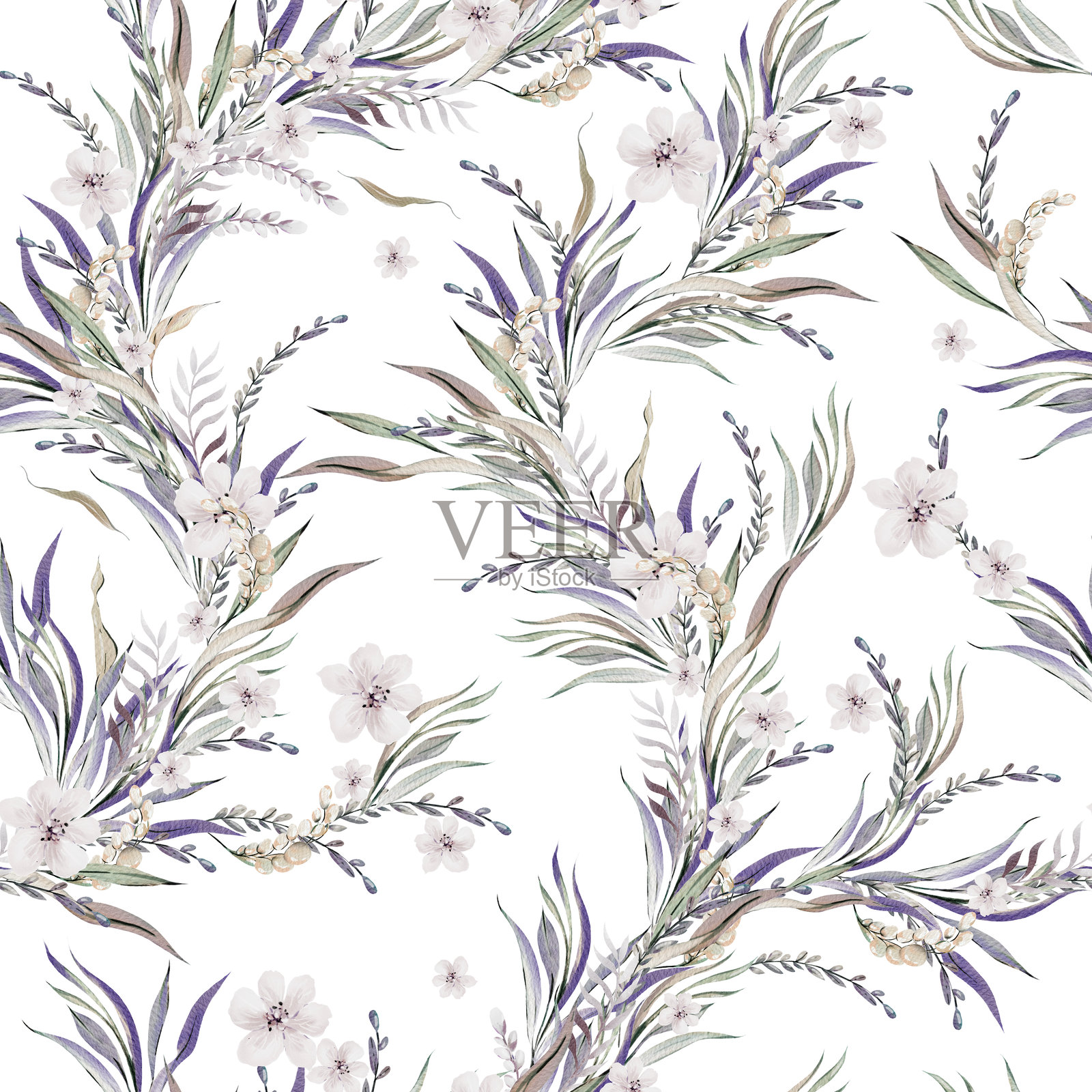 美丽的水彩无缝图案与花和叶子。插画图片素材