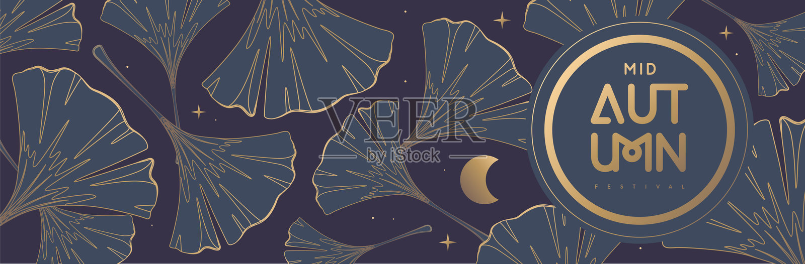 蓝底银杏叶满月中秋横幅。矢量图插画图片素材