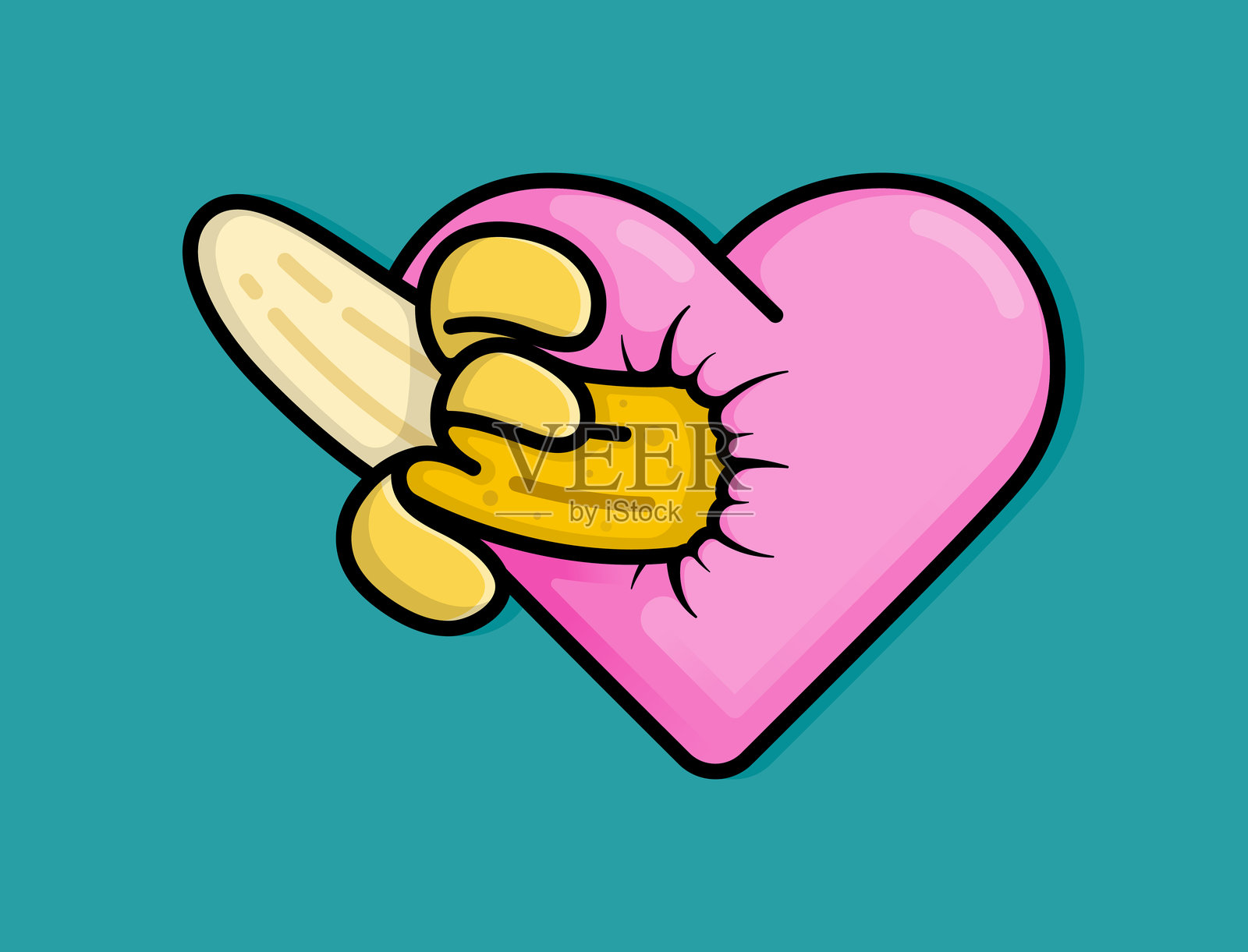 卡通插图剥了皮的香蕉从粉红色的心出来。可以用于生日、聚会、情人节、庆祝活动和印在t恤、卫衣、手提袋上吗插画图片素材