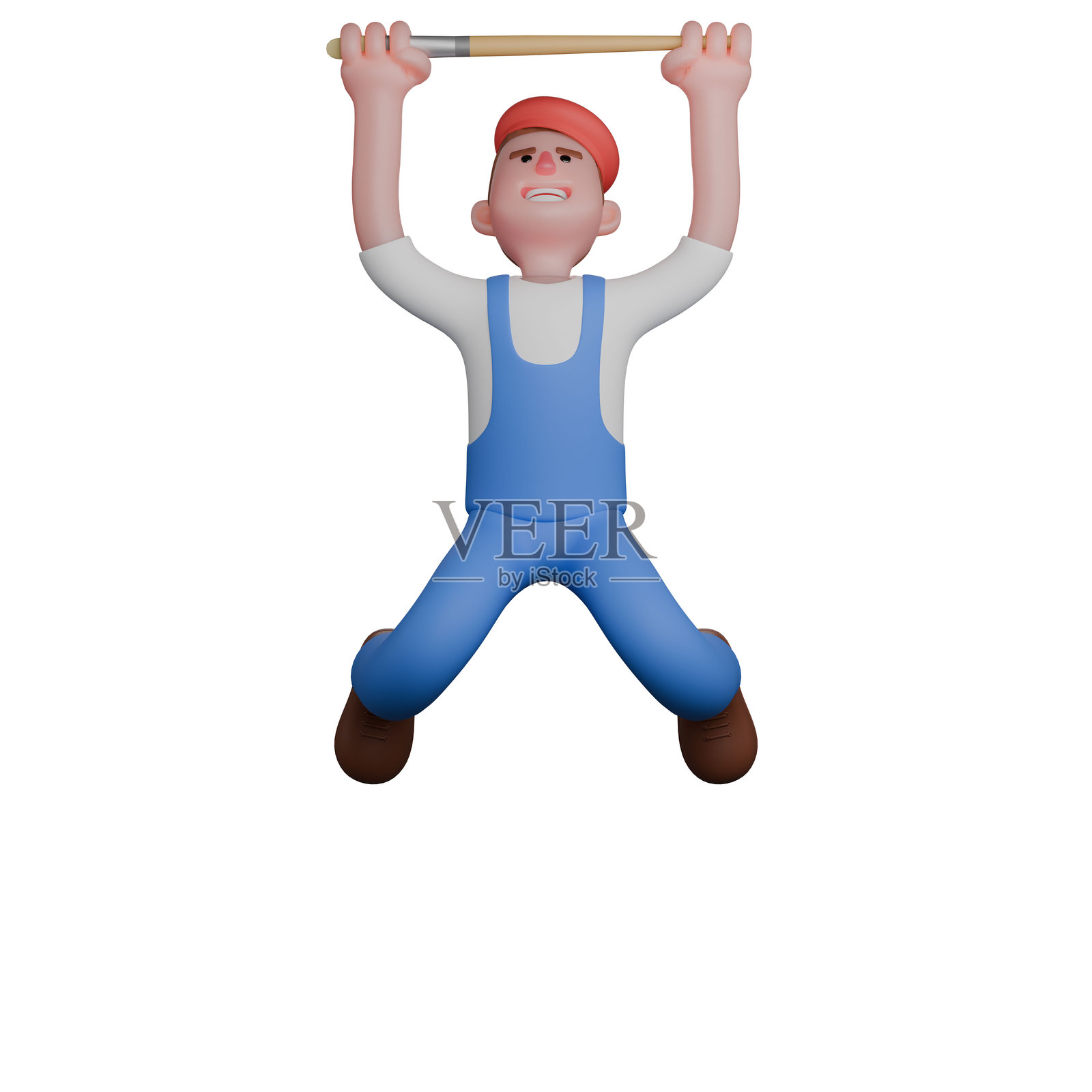 3D艺术专业男性。一个画家看起来很严肃，正在用画笔做拉起。3D画家卡通照片摄影图片