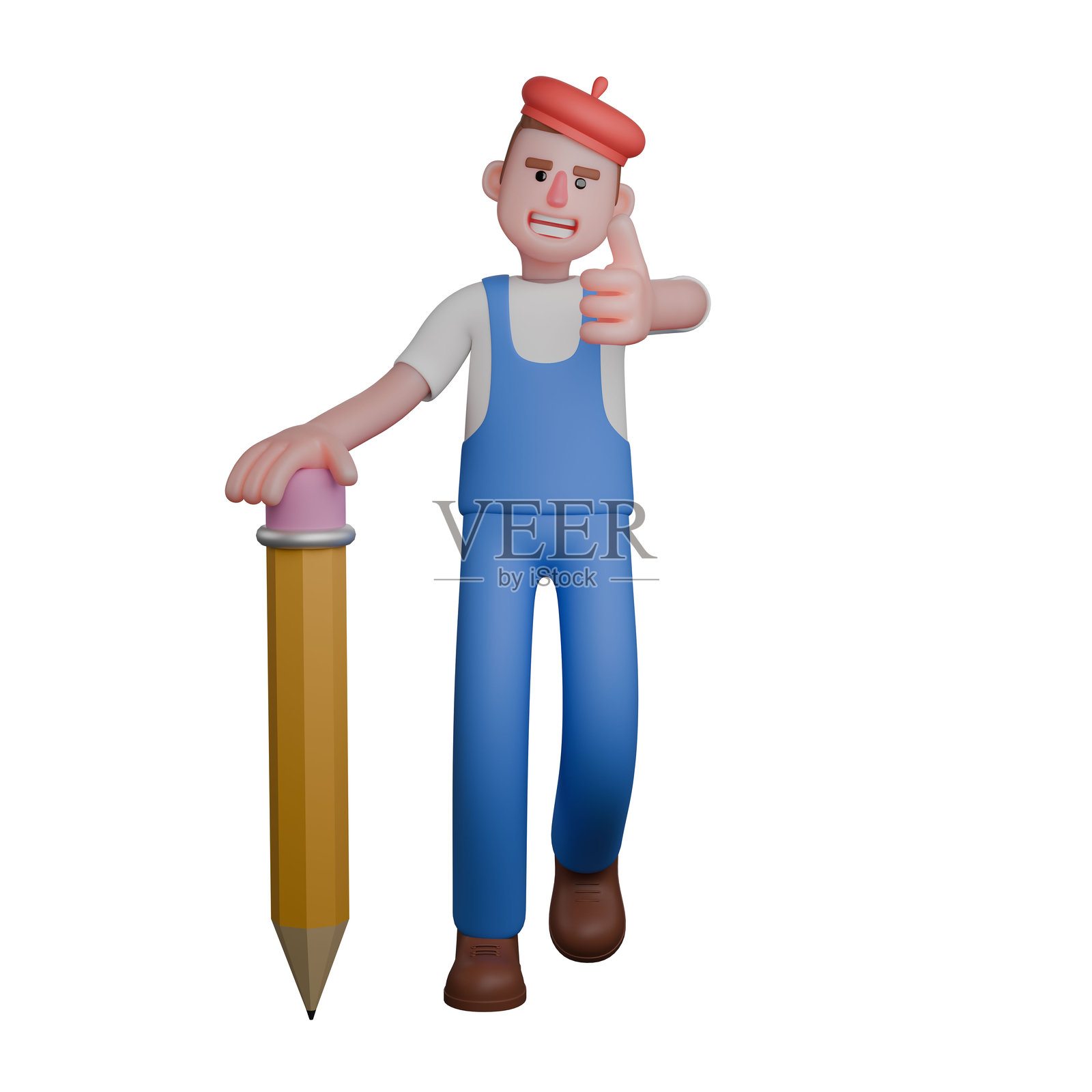 3D艺术执行男画家。图为，一位画家右手竖起大拇指，左手拿着大铅笔，自信而热情地站着。专业照片摄影图片