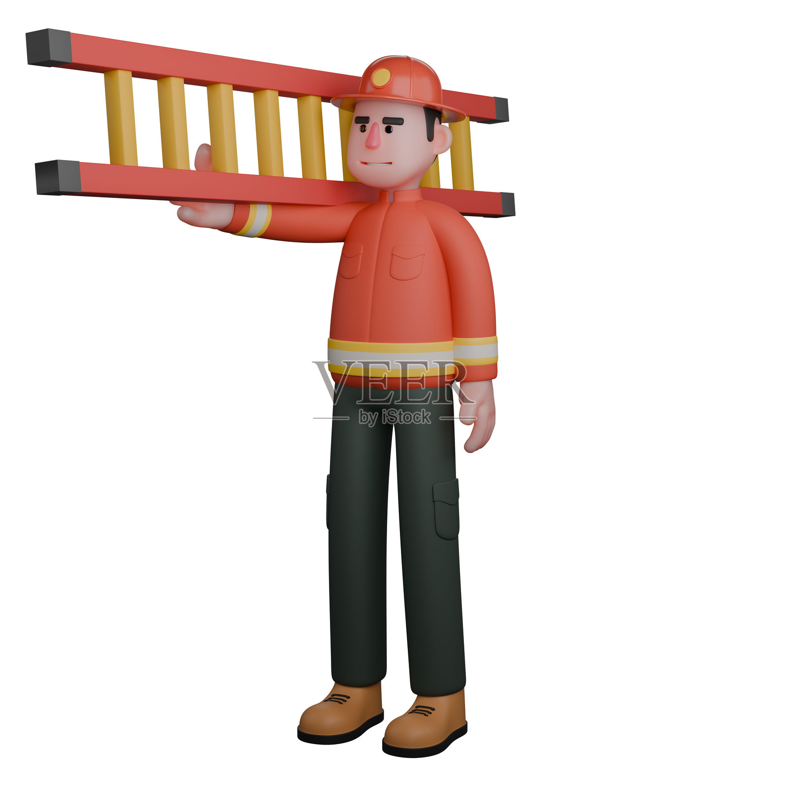 消防专家3D。一名消防员肩上扛着梯子。消防员卡通照片摄影图片