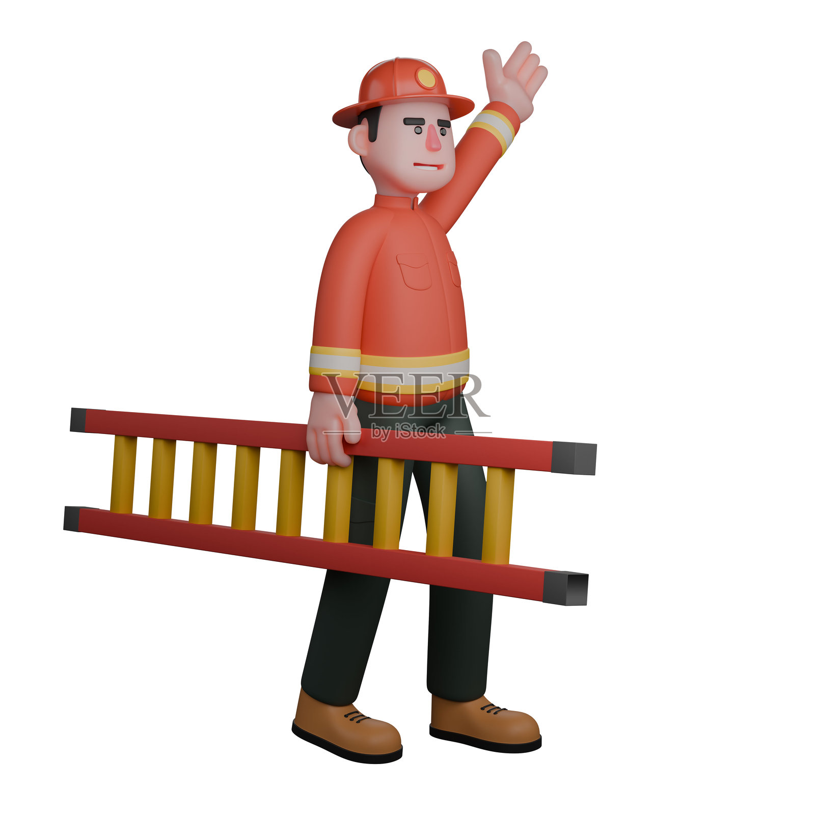 消防员的3D插图。一名消防员一只手拿着梯子，另一只手举着。救火英雄照片摄影图片