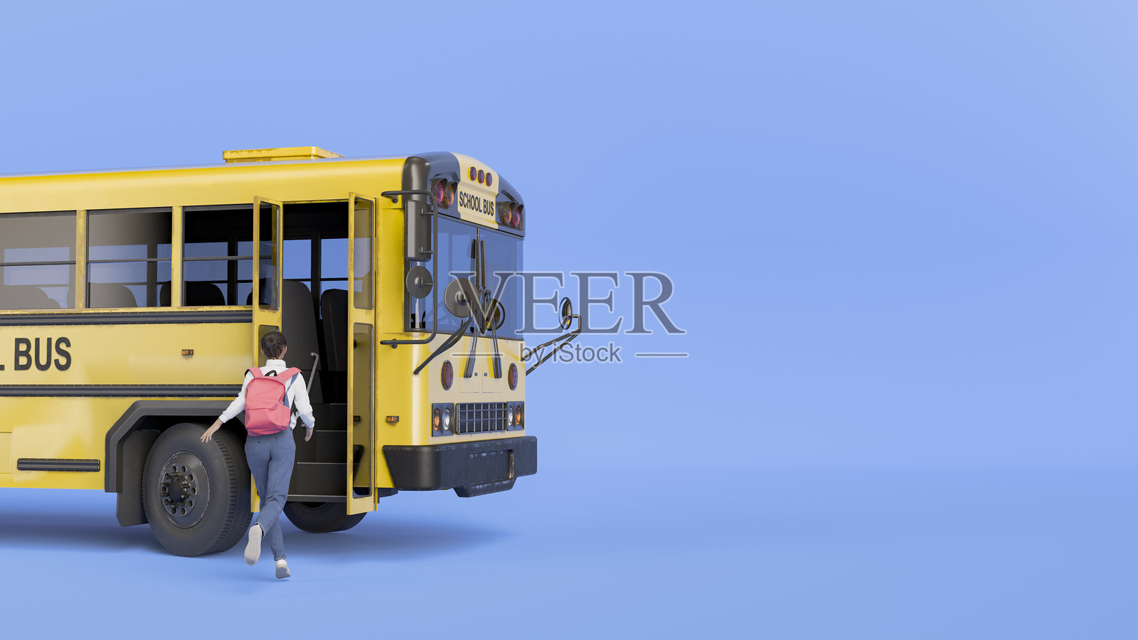 女生跑着去赶蓝色背景的校车照片摄影图片