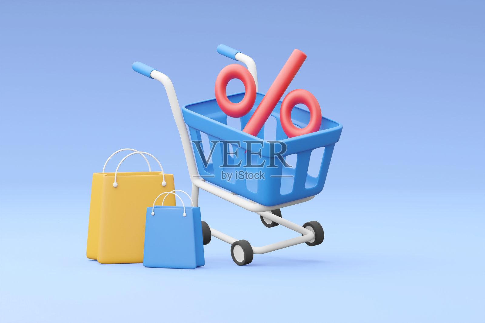 一个充满活力的3D渲染捕捉购物的兴奋处理浮动元素的购物车，折扣标签，购物袋，和百分比标志照片摄影图片