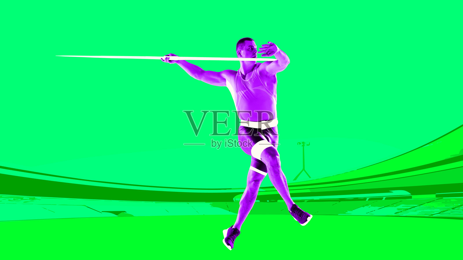 标枪运动员在投掷中，竞技的人在运动在鲜艳的绿色背景。专注和力量。当代艺术拼贴。照片摄影图片