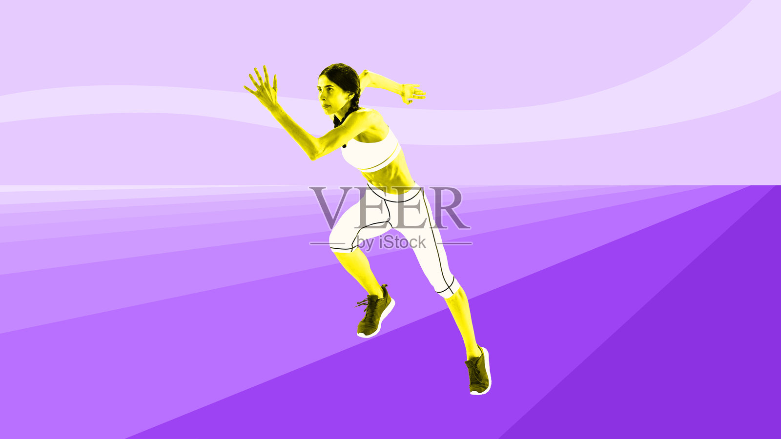 构思的女人在黄色调的运动轨道上，又跑抽象的紫色体育场。体育运动。最小的设计。当代艺术拼贴。照片摄影图片