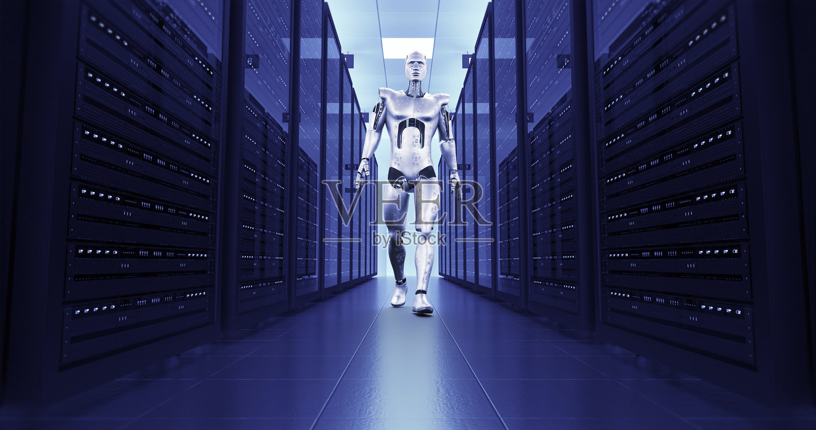 未来的AI机器人在现代服务器机房行走。照片摄影图片