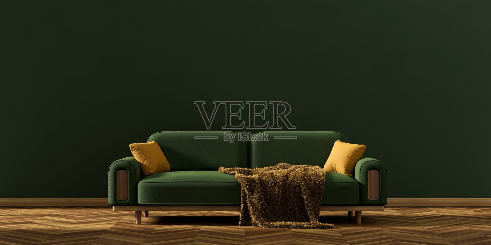 极简主义的客厅，配有木制家具。复古风格的内饰。空墙模型。三维演示照片摄影图片