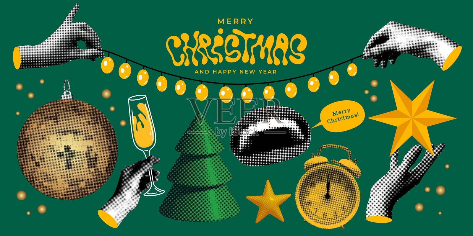 一套拼贴风格的圣诞和新年设计元素插画图片素材