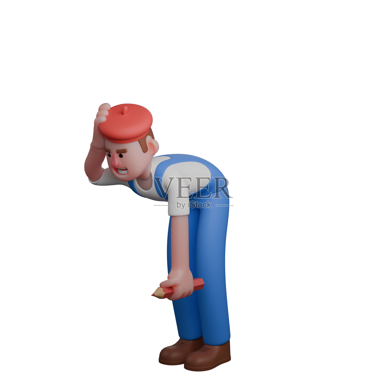 3D男画家。一位艺术家左手抱着头，右手拿着铅笔。专业艺术品格照片摄影图片