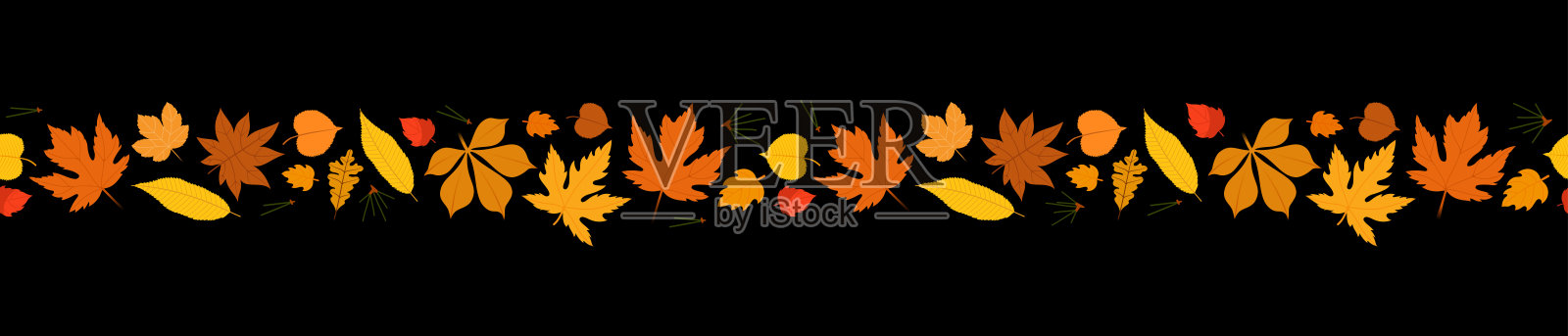 感恩节快乐水平横幅背景与季节性的叶子在一个无缝的图案和蓝色背景上的字母插画图片素材