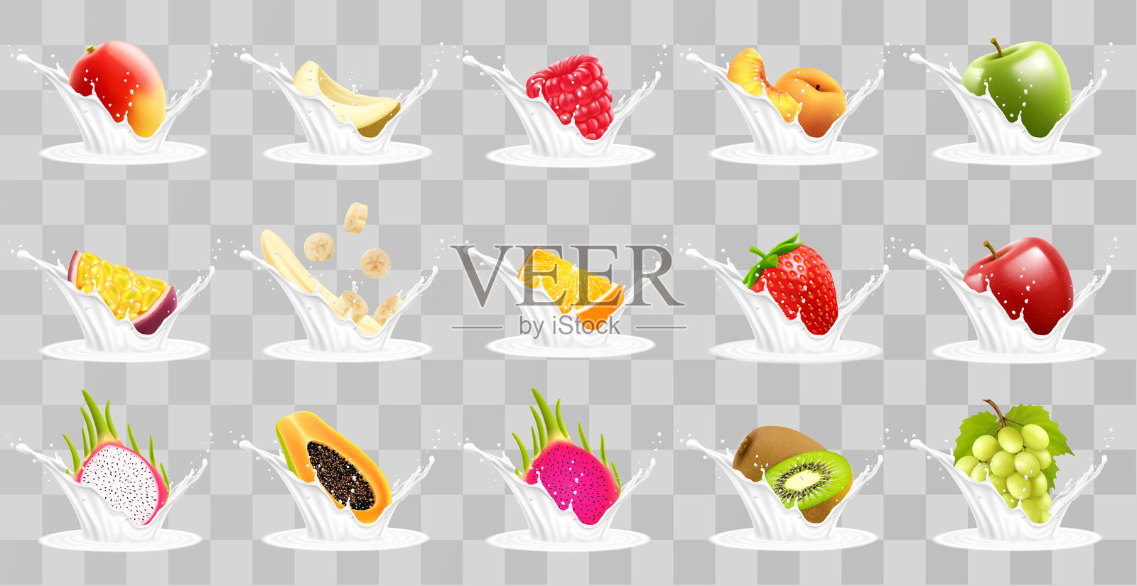 芒果、甜瓜、橘子、桃子、苹果、百香果、香蕉、覆盆子、草莓、葡萄、木瓜、火龙果、猕猴桃的奶昔或酸奶。水果和飞溅的牛奶，三维现实矢量图标集插画图片素材