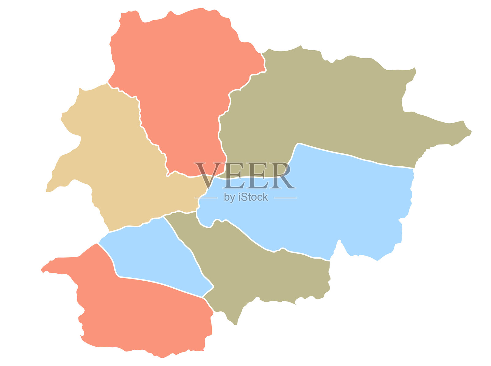 安道尔地图，以不同颜色划分区域。插画图片素材