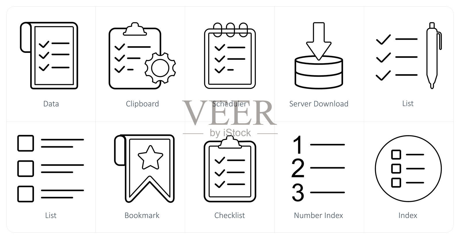 一组10个混合图标作为数据，剪贴板，调度程序插画图片素材