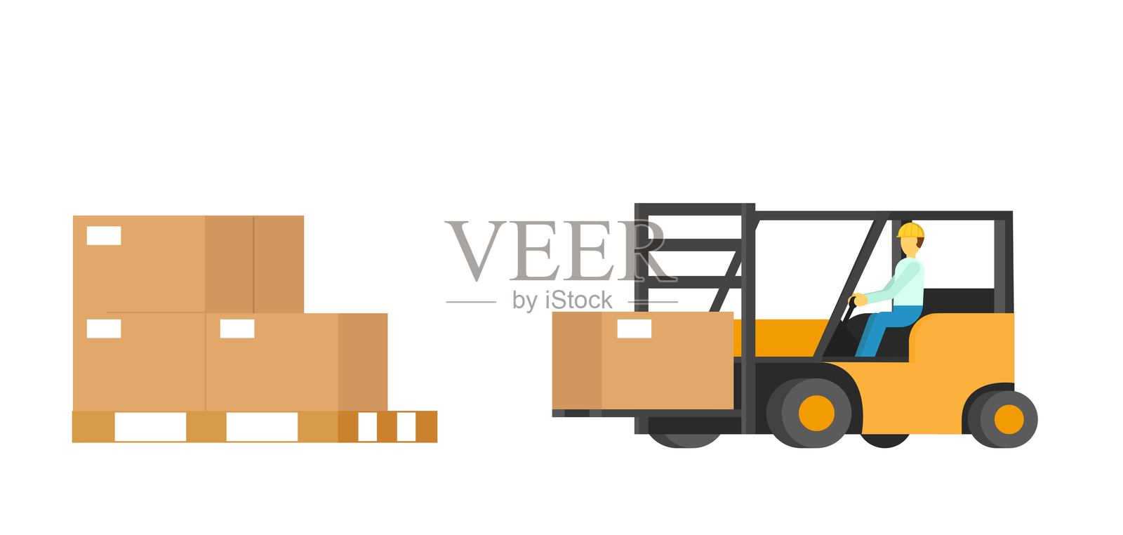 仓库箱与人力驱动的叉车插画图片素材