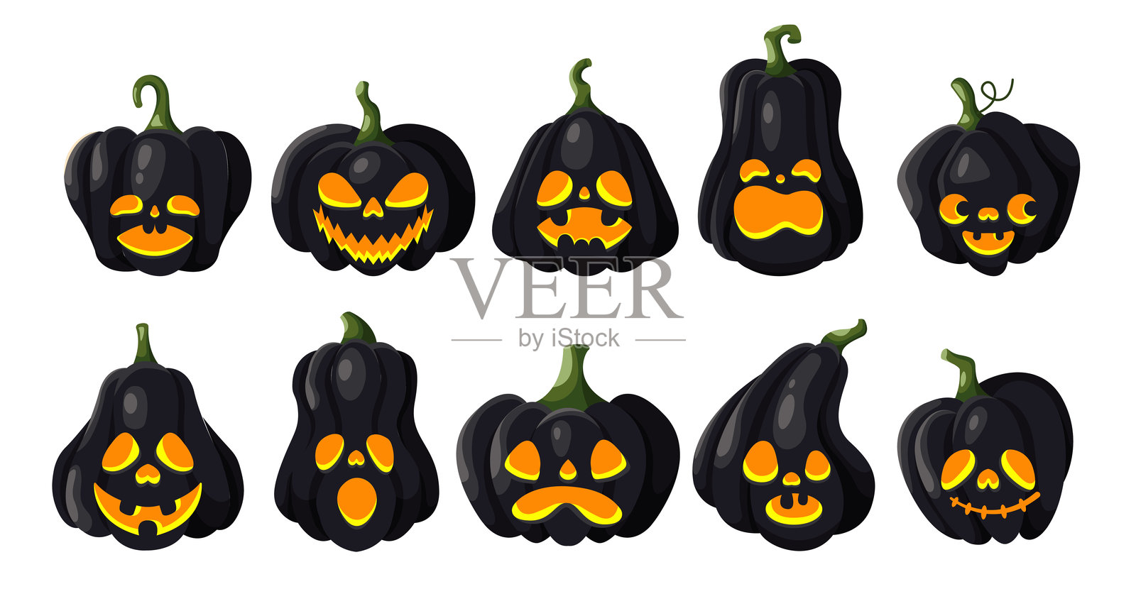 邪恶的万圣节南瓜对象平面颜色矢量图标集插画图片素材