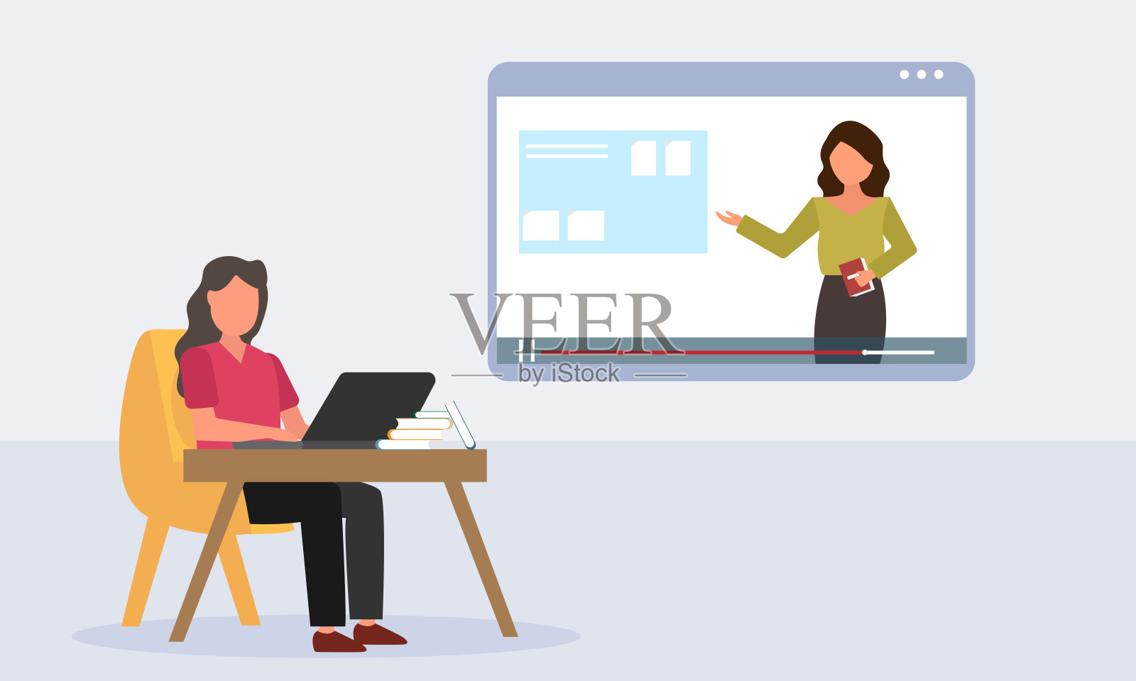 学生通过在笔记本电脑上听讲师讲课来进行电子学习。远程教学、会议技术、在线教育理念。插画图片素材