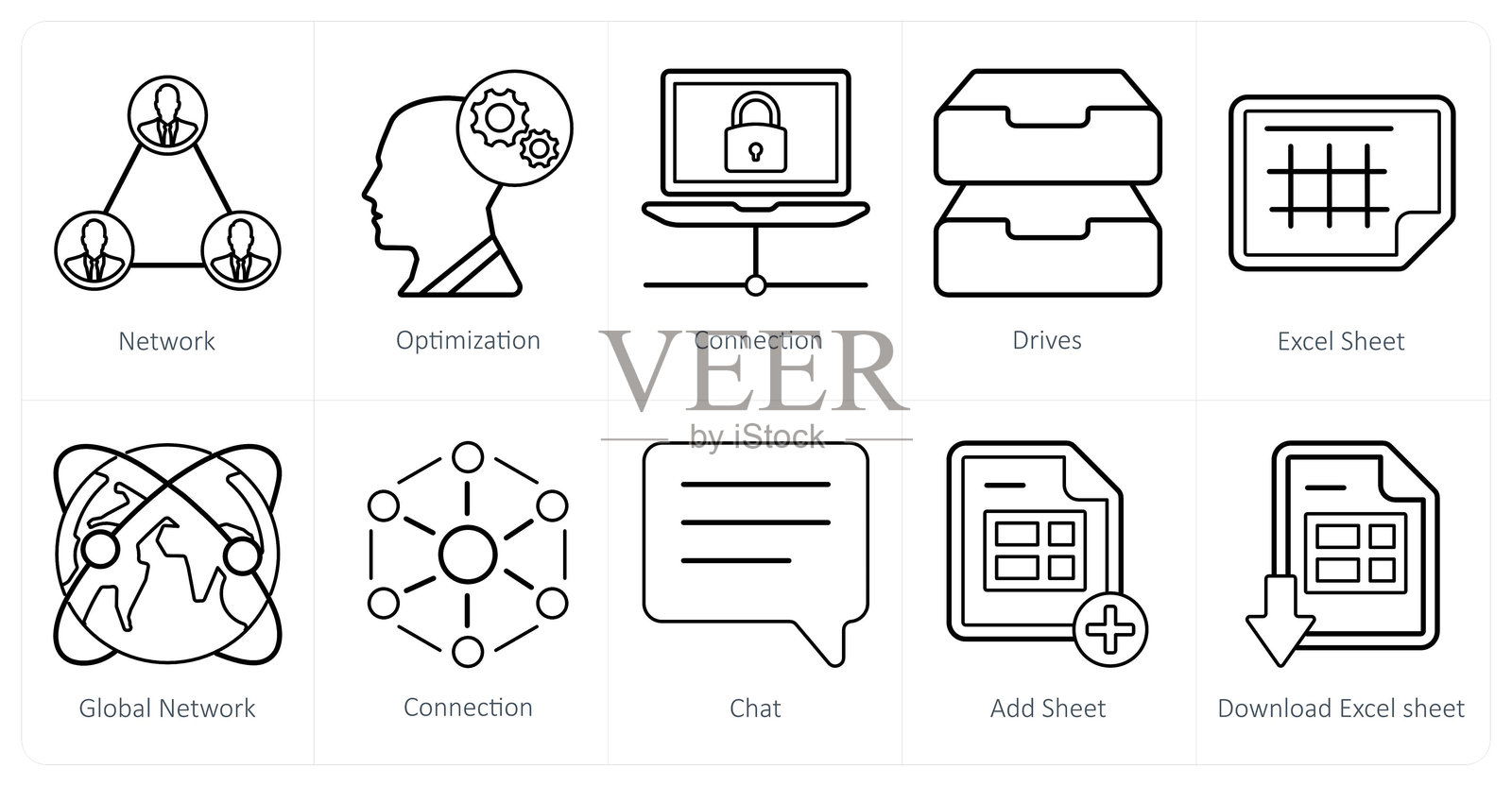 一组10个混合图标作为网络，优化，连接插画图片素材