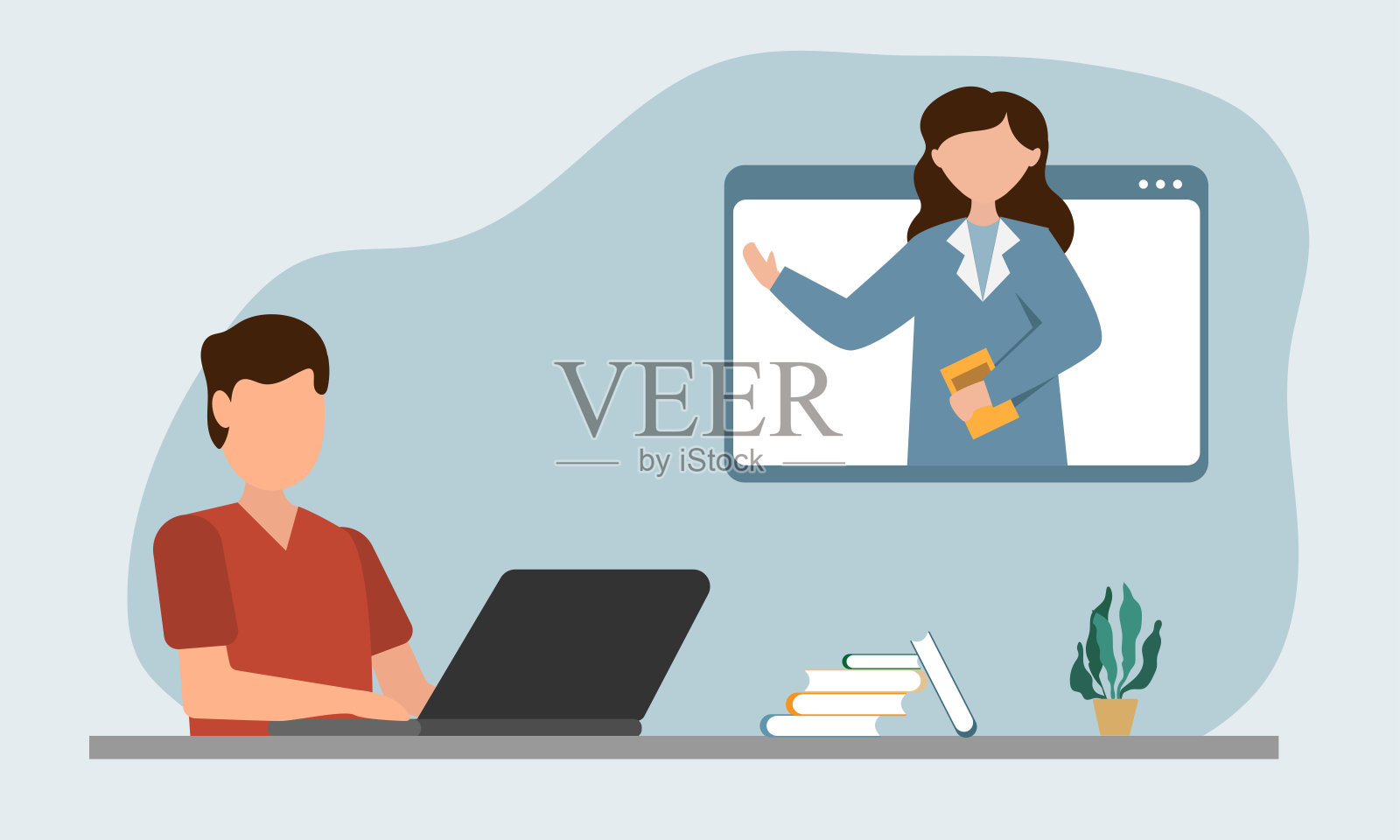 学生通过在笔记本电脑上听讲师讲课来进行电子学习。远程教学、会议技术、在线教育理念。插画图片素材