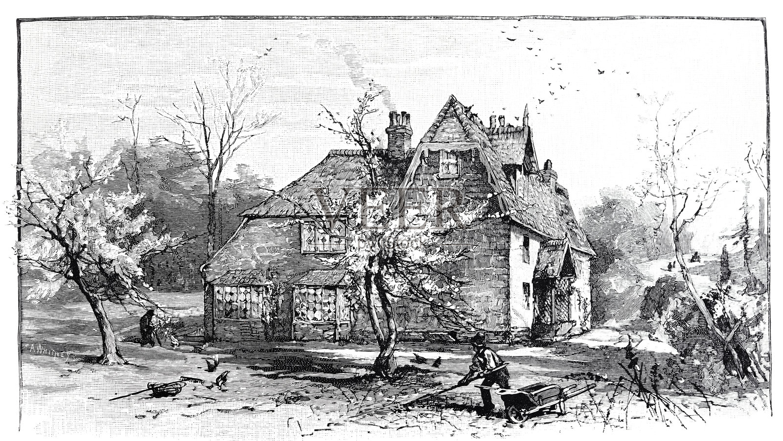 布鲁克班克，乔治·艾略特曾经住过的房子插画图片素材