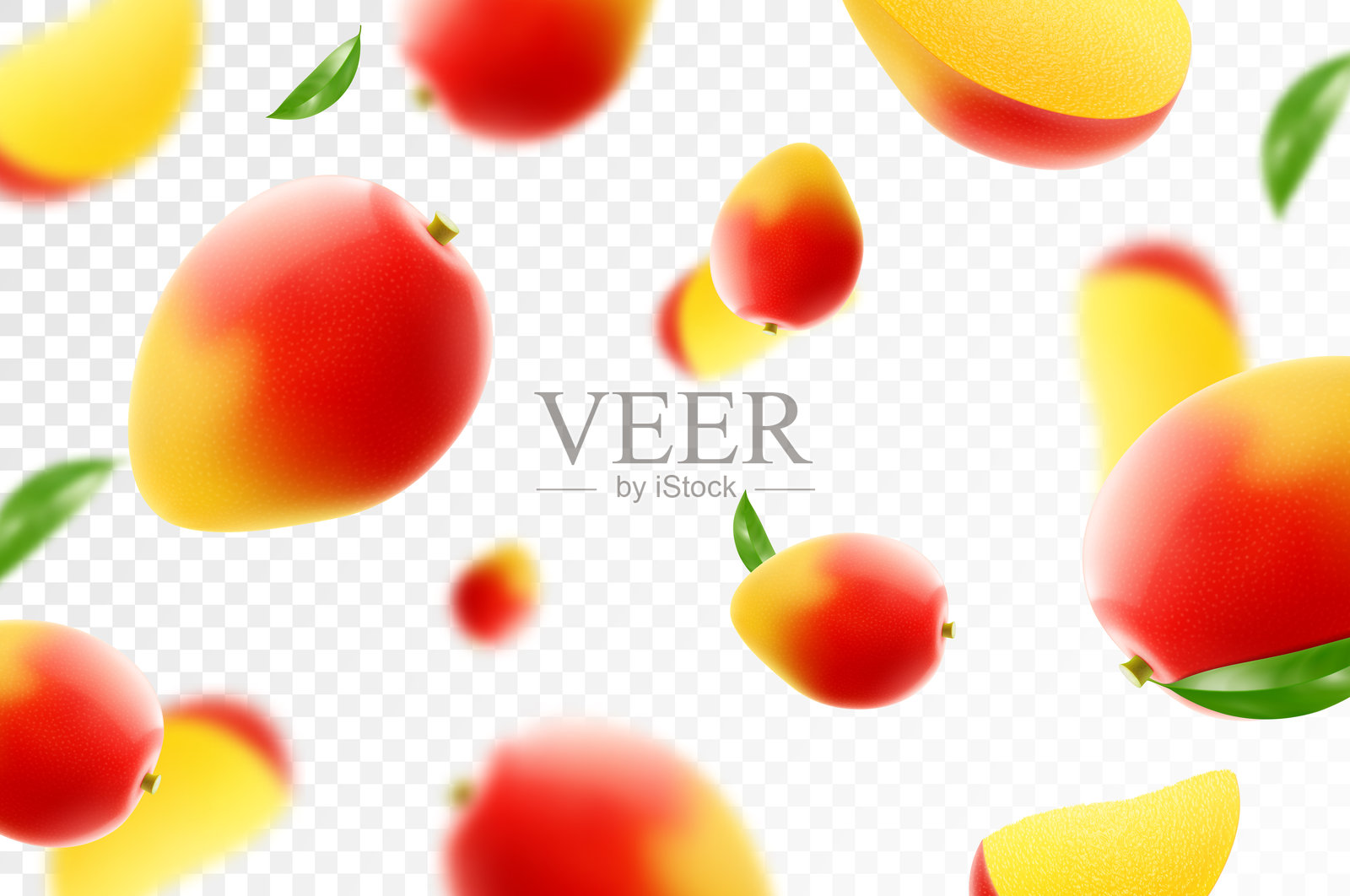 飞熟的芒果。明亮的广告背景掉落多汁的水果芒果，逼真的插图与模糊效果。3d矢量设计的广告横幅和网页设计插画图片素材