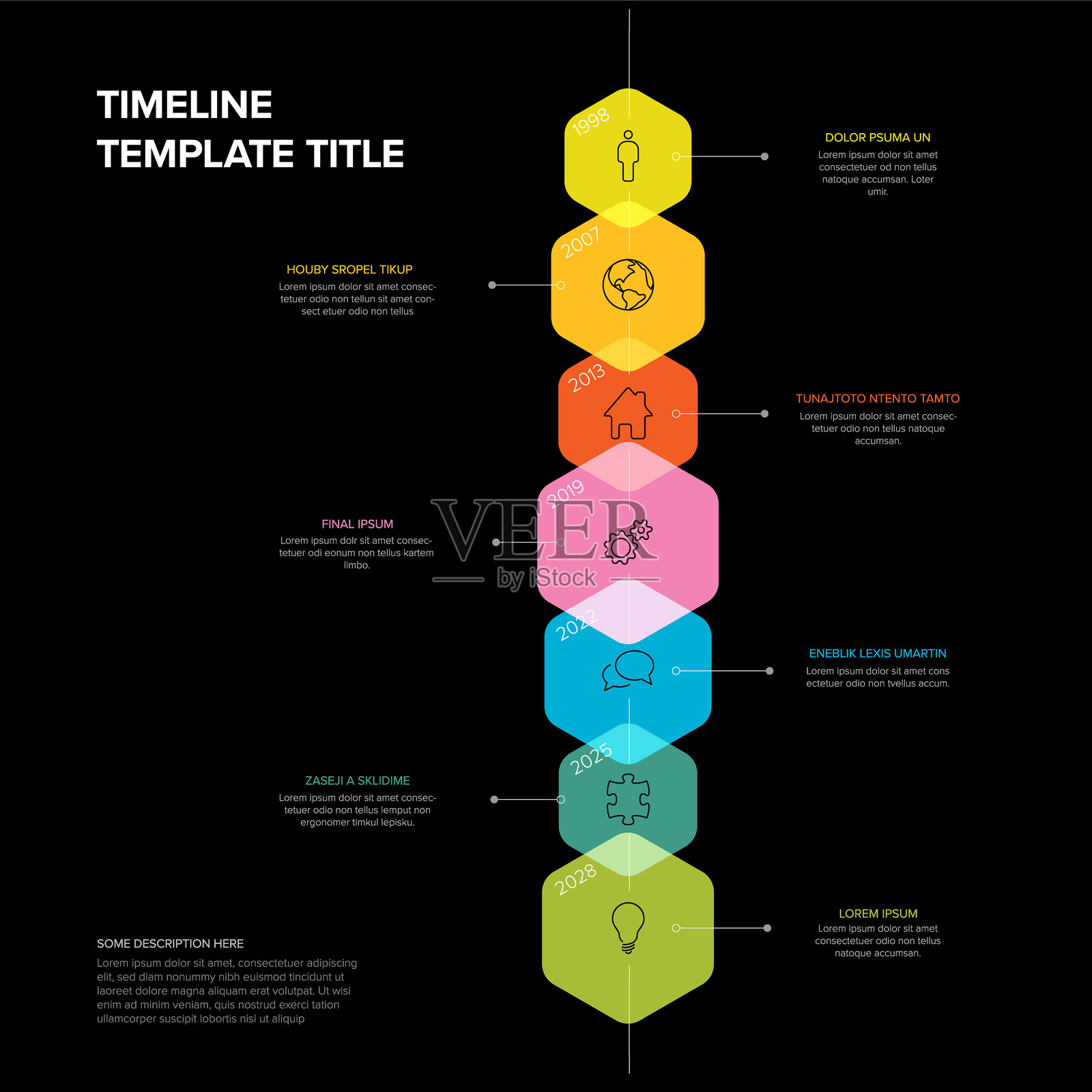 简单的暗垂直覆盖时间轴图形模板与覆盖六边形块插画图片素材