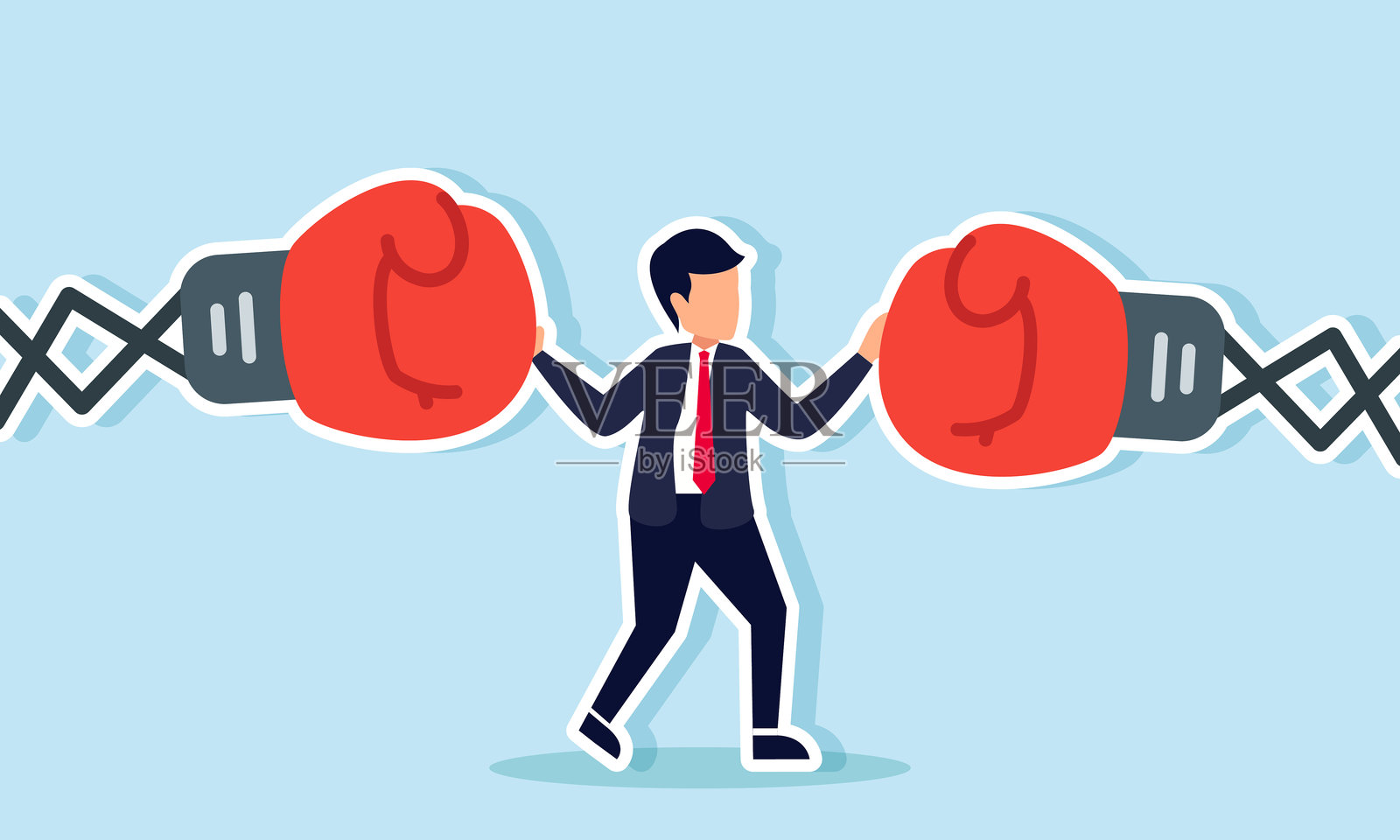 一个商人抵抗来自两边的玩具拳击机的击打，说明在商业中抵抗来自多方的压力或挑战的概念插画图片素材