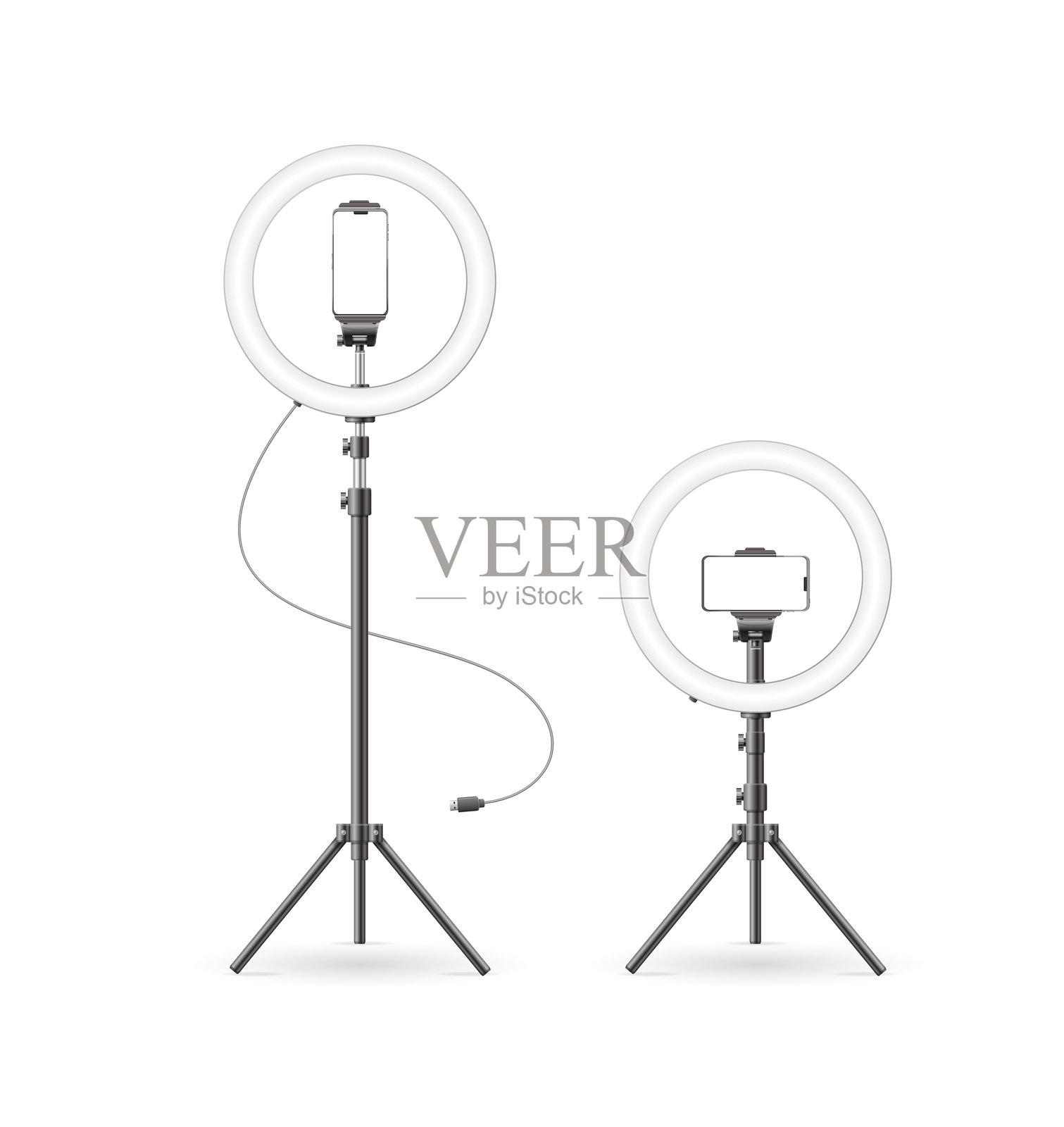 逼真的详细3d Led环灯手机设备支架集。向量插画图片素材