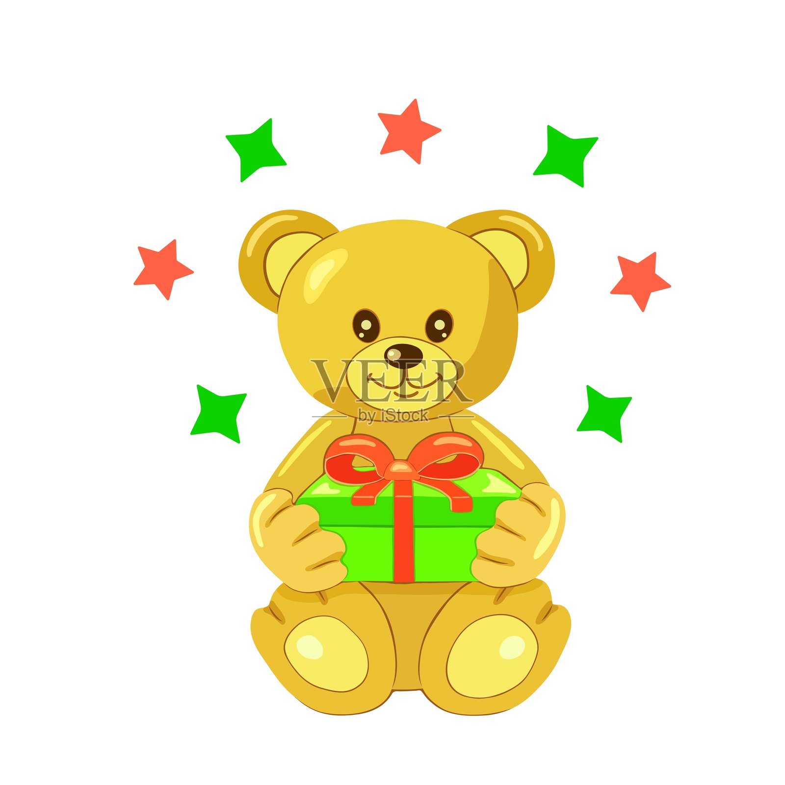 一只可爱的浅棕色泰迪熊拿着一个绿色的礼盒，礼盒上有一个红色的蝴蝶结，白色的方形背景上有星星。一张贺卡。单个元素和贴纸。矢量插图。插画图片素材